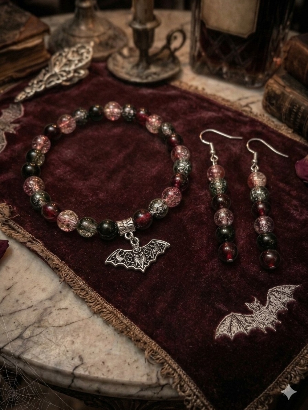 Handmade Bat Charm Bead Bracelet and Earrings Set - Red & Black